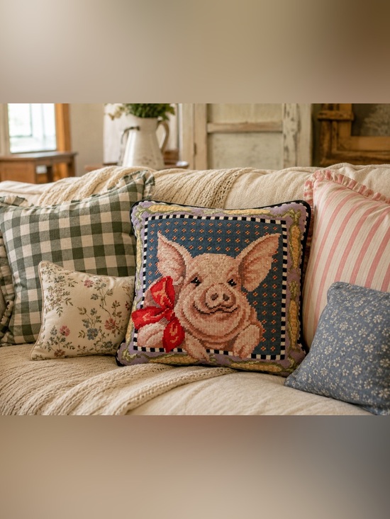 through the looking glass Other - Show Pig Needlepoint Throw Pillow with Red Bow